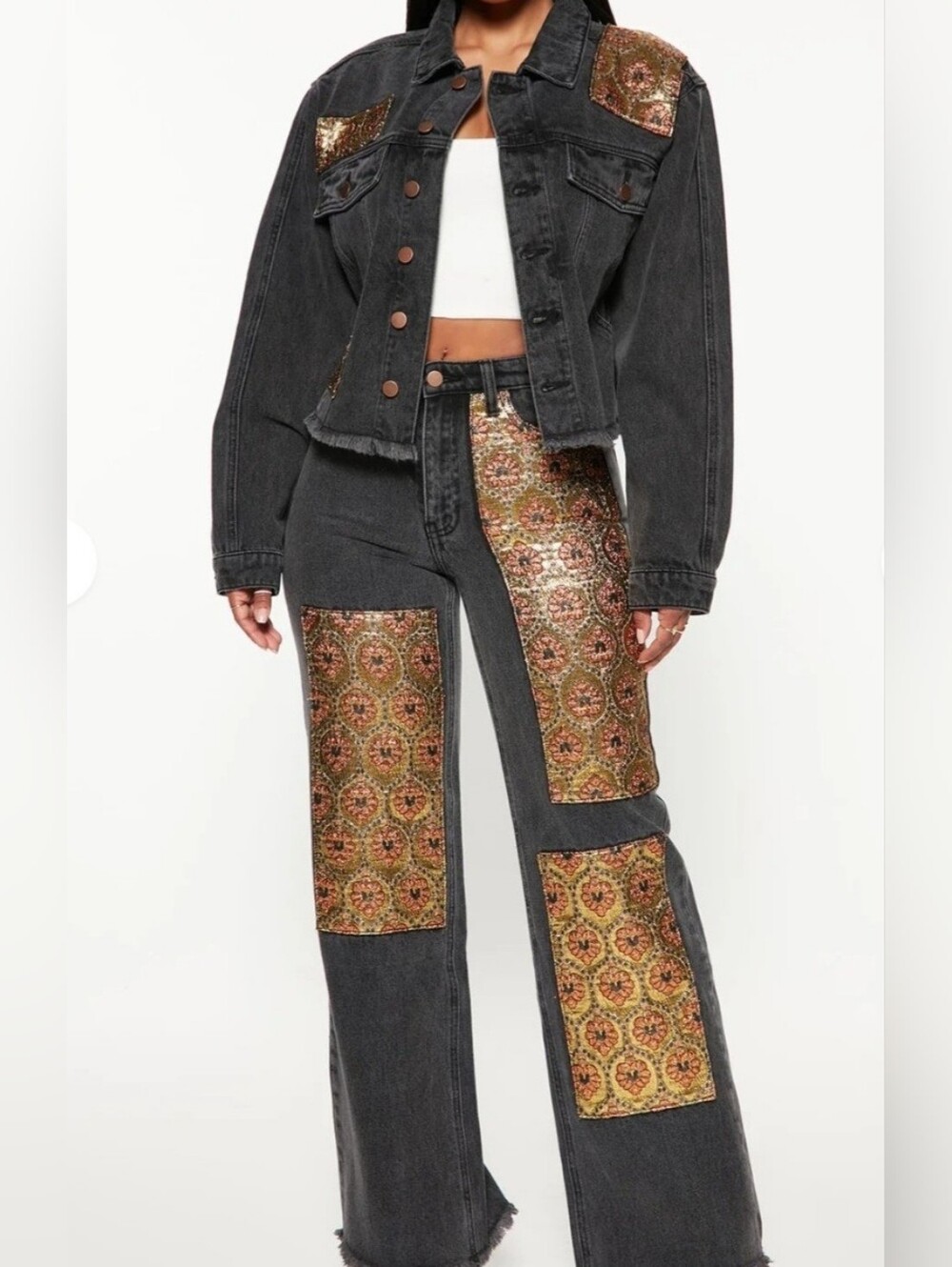 Boho Patchwork Denim Jacket & Wide Leg Jeans Set